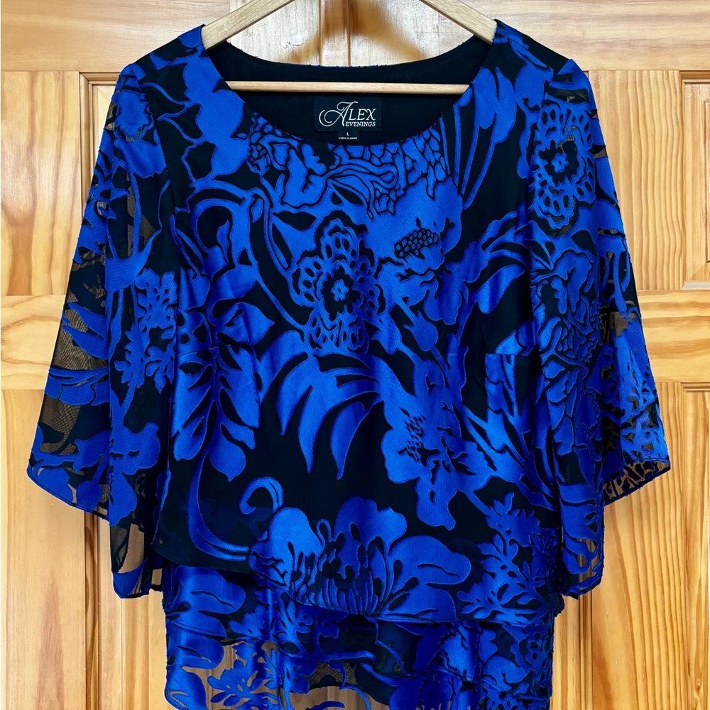 Alex Evenings Royal Blue and Black Floral Overlay Blouse
